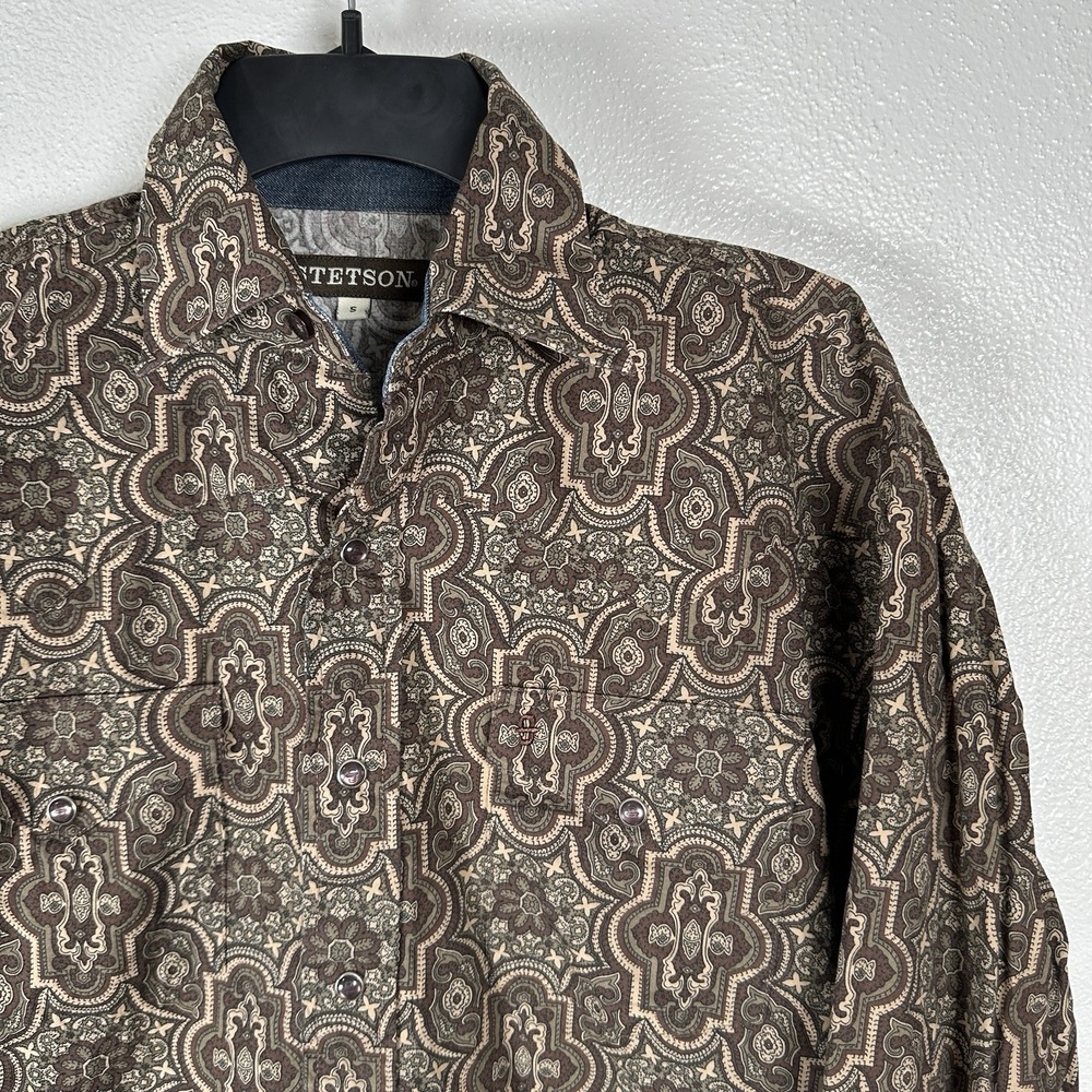 Stetson Pearl Snap Shirt Mens Small Brown Paisley Western Long Sleeve Cotton